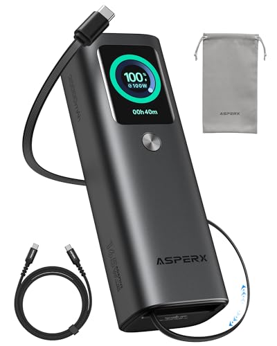 AsperX Laptop Power Bank, 165W 20,000mAh, Retractable Cables, Aluminum Alloy Unibody Portable Charger Power Bank, Battery Bank for MacBook Pro/Air/iPhone 17/iPad Pro/S25 Ultra/Dell/HP(TSA-Approved) - color: Grey