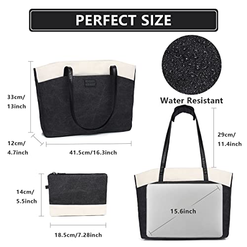 RAVUO Tote Bag for Women, Water Resistant 2PCS Set 15.6 Inch Laptop Travelling Bags Work Teacher Purse W Portable Pouch - color: Black