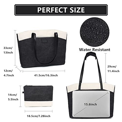 RAVUO Tote Bag for Women, Water Resistant 2PCS Set 15.6 Inch Laptop Travelling Bags Work Teacher Purse W Portable Pouch - color: Black