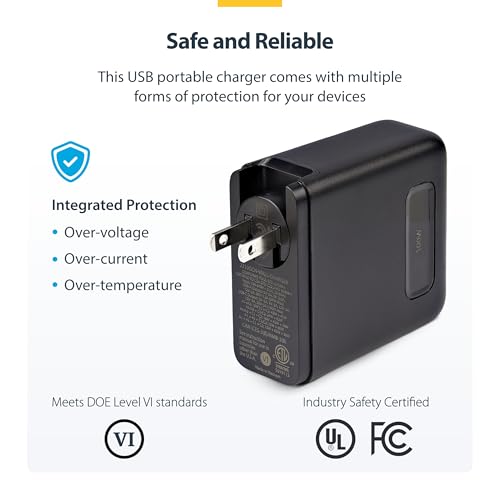 StarTech 100W GaN USB-C Wall Charger, Power Adapter for MacBook Pro/Air | Dell XPS, iPhone 15/Pro, iPad Pro, 2x USB-C/2x USB-A, Fast Charging Portable GaN Charger