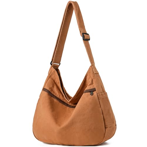 Canvas Hobo Crossbody Tote Bag for Women & Men Large Messenger Bag | Canvas Purses for Women Multi-Pocket Casual Shoulder Handbag for Travel Work Daily Shopping - color: 1-brown