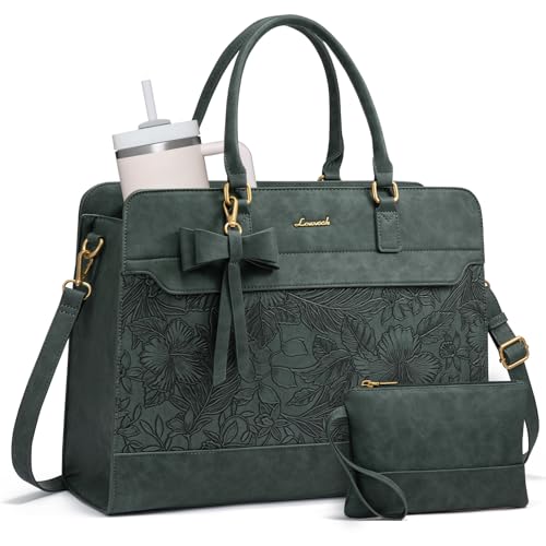 LOVEVOOK Laptop Tote Bag for Women,Leather Work Bag, Waterproof Business Teacher Bag,Large Computer Handbag Purse Briefcase,Office Gifts for Women - color: Embossed Green, size: 15.6 Inch