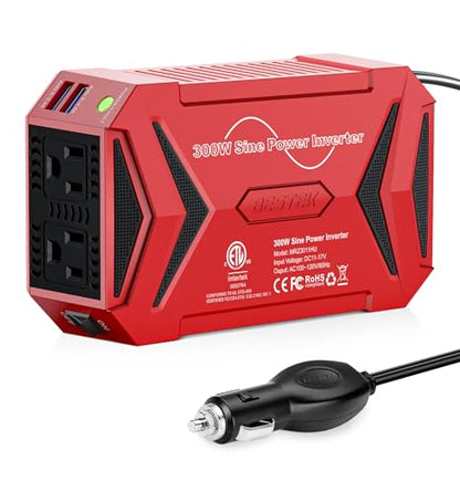 BESTEK Pure Sine Wave Power Inverter - 300W Car Plug in Charger Outlet DC 12V to 110V AC - Cigarette Lighter Adapter 4.8A Dual USB Fast Charging Ports for Laptop - Aluminum Housing - Red | Vehicle Plug in Cigarette Lighter Outlet Solar Inverter, 4.8A Dual