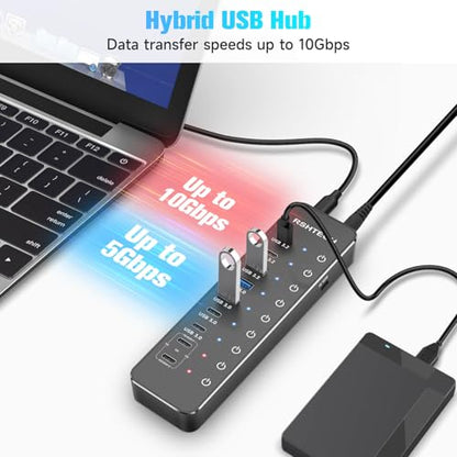 RSHTECH 10-Port Powered USB C Hub 66W with 3x10Gbps USB-3.2 Data Ports (2C + 1A), 4 USB 3.0 Ports (2C + 2A), 2 USB-C PD 45W Charging Ports and PD 100W, USB Expander Splitter for Laptop, RSH-ST10P
