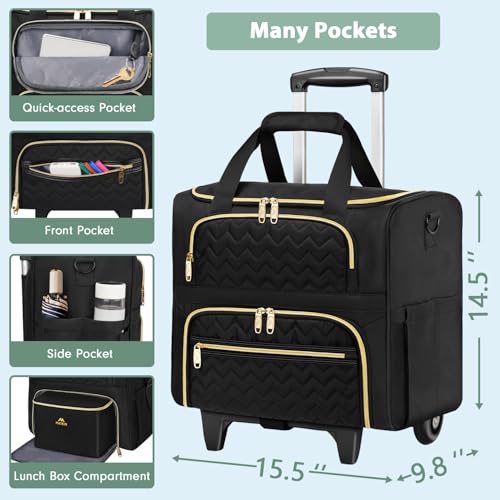 MATEIN Rolling Laptop Bag for Women, 15.6 Inch Rolling Briefcase with Wheels &Detachable Cart, Roller Computer Teacher Tote Bag with Insulated Lunch Box for Nurse Work Business Office, Deep Black - color: Deep Black