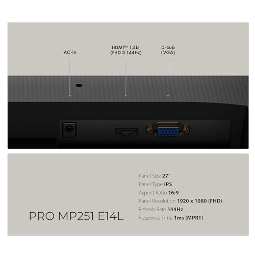 msi PRO MP251 E14L 24.5-inch IPS 1920 x 1080 (FHD) Computer Office Monitor, 144Hz, Free-Sync, HDR Ready, HDMI, VGA Port,VESA Mountable, Tilt, 4-Side Slim Bezel,1ms, Black - style: Pro Mp251 E14L