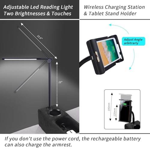Multifunctional Sofa Armrest, Couch Armrest with Wireless Charge Stand, Removable Couch Caddy with Storage,Including LED Reading Light - color: Midnight, size: Fabric-1 CUP