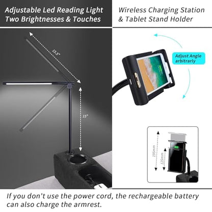 Multifunctional Sofa Armrest, Couch Armrest with Wireless Charge Stand, Removable Couch Caddy with Storage,Including LED Reading Light - color: Midnight, size: Fabric-1 CUP