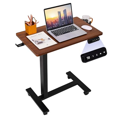 Electric Overbed Table with Wheels, Height Adjustable Bedside Sofa Couch Side Tables, C Shaped Mobile Standing Small Laptop Desk for Home Office, Dark Walnut - color: Dark Walnut