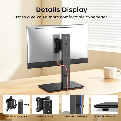Afaloona Freestanding Single Monitor Stand for 13-32 Inch Monitor, No Clamp | Max Load 77lbs | Tempered Glass Base | ±25° Swivel | -5° to +10° Tilt | 360° Rotation | 4 Height Options | VESA 75×75/100×100 - size: Single Monitor Stand