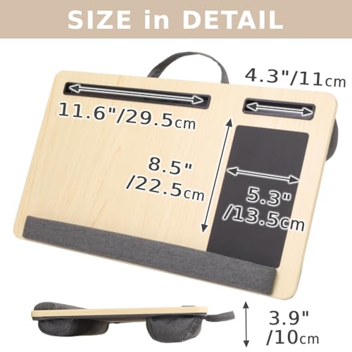 Japard Laptop Lap Desk with Mousepad, Cushion, Wide 21", Fits up to 15.6 inch, Portable Handle, Tablet Pen Phone Holder Wood Natural Home Office Gift