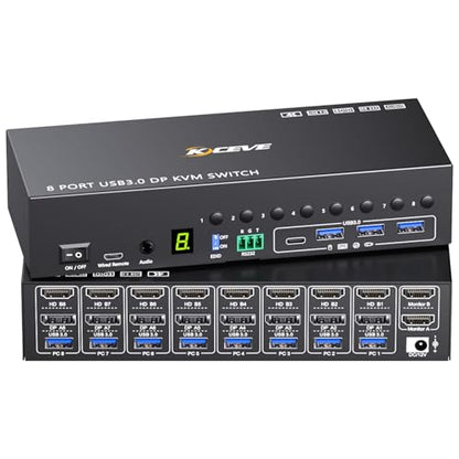 8 Port HDMI Displayport KVM Switch 2 Monitors 8 Computers 4K@60Hz EDID Simulation,8 PC Dual Monitor KVM Switch with 4 USB 3.0 Ports,Audio,RS232,with Wired Remote,12V Power Adapter and 8 USB Cable - size: 20 cm