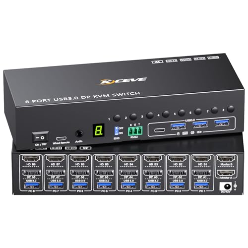 8 Port HDMI Displayport KVM Switch 2 Monitors 8 Computers 4K@60Hz EDID Simulation,8 PC Dual Monitor KVM Switch with 4 USB 3.0 Ports,Audio,RS232,with Wired Remote,12V Power Adapter and 8 USB Cable - size: 20 cm