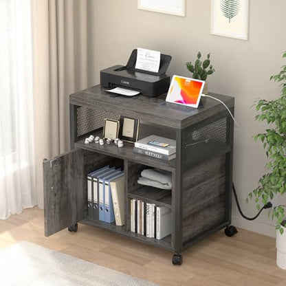 Unikito Rolling File Cabinet Lateral Office Filing Cabinets with Socket and USB Charging Port, Modern Printer Stand on Wheels Printer Cabinet with Door and Open Storage, Lockable, Black Oak - color: Black Oak