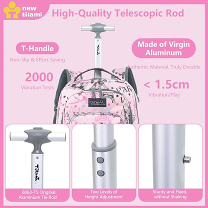 NEW TILAMI Rolling Backpack for Kids 18 Inch Wheeled Laptop Backpack Kids School Travel - color: Pink Paris