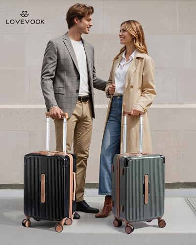 LOVEVOOK Hardside Carry On Luggage 22x14x9 Airline Approved, Small Suitcase | 20 Inch Hard Shell with 3 Multiple Handles, Silent 360° Spinner Wheels With TSA Lock for Trip - color: Green&Brown
