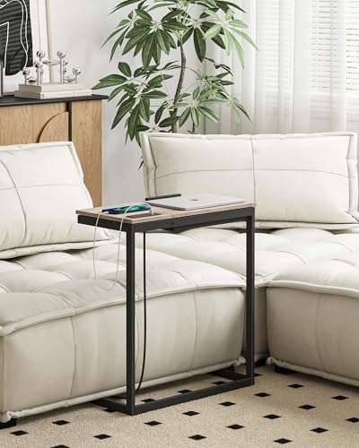 TUTOTAK Large C Shaped End Table, Side Table with Charging Station C Table | Tilting Laptop Stand with Storage, Computer Couch table for Living Room, Bedroom, Greige TB01BG090 - color: Greige, style: Plug