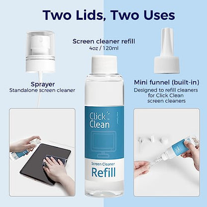 Click Clean Screen Cleaner Refill Kits - 1 Screen Cleane with 4 oz Cleaner Refill and 1 Microfiber Cloth(7.8 x 7.8in), 1 Mini Refill Funnel + 1 Sprayer, for All Phones, Laptop and Tablet Screens