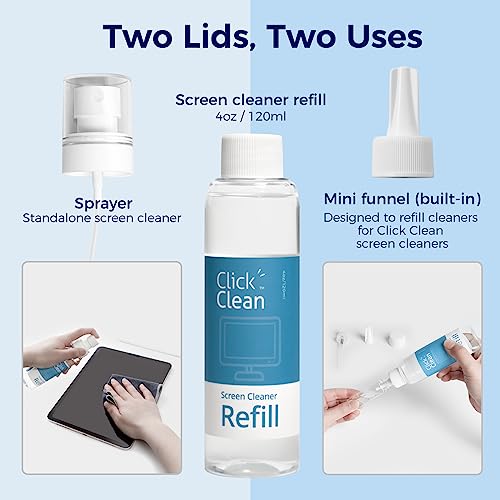 Click Clean Screen Cleaner Refill Kits - 1 Screen Cleane with 4 oz Cleaner Refill and 1 Microfiber Cloth(7.8 x 7.8in), 1 Mini Refill Funnel + 1 Sprayer, for All Phones, Laptop and Tablet Screens