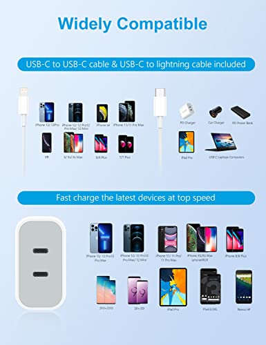 USB C Charger, 40W iPhone Charger Dual Ports Type C Fast Charger with MFi Certified USB-C to Lightning Cable & USB-C to USB-C Cable for iPhone 13/13 Pro/12/11/XR/XS/X/8, Galaxy, Pixel