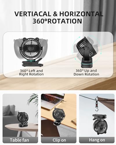 GOTOTO Clip on Fan, Rechargeable Portable Personal Small Fan with 2000mAh Battery Operated, Powerful Clip Design, 3 Wind Speed, 360° Rotation, Ultra-Low Noise Level for Travel - color: BLACK