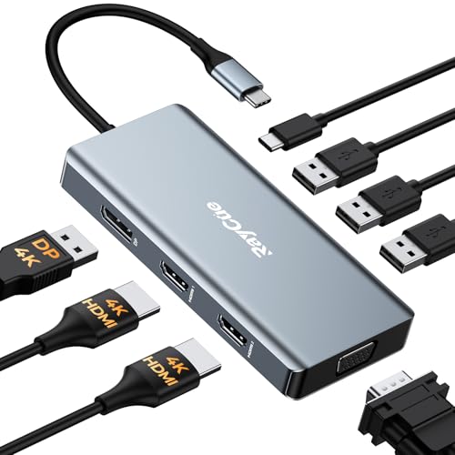 USB C Docking Station Dual Monitor Adapter, 8 in 1 Laptop Docking Station 3 Monitors Quadruple Display USB C Hub Dongle to 4K HDMI+DP+VGA - color: Silver