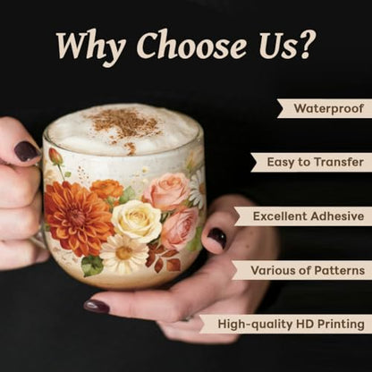 Peacoblue UV DTF Cup Wraps Transfer Stickers Flowers with Roses and Peonies Pattern, 10 Sheets Waterproof Custom Vinyl Transfer Sticker 16oz Coffee Glass Cup Tumbler Bottle Mug Decals for Men Women - style: Flowers with Roses and Peonies
