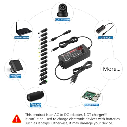 SHNITPWR Universal AC to DC Adapter 3V ~ 24V 2A 48W Switching Power Supply | 100V-240V AC to DC Converter,Variable DC Power Supply with 14 Tips/Polarity Reversal Cable for 12V 24V LED Lights Strip