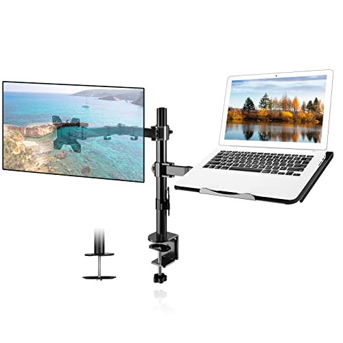 suptek Monitor and Laptop Mount Holds 13-32 inch Computer Screen, Adjustable Monitor Arm Stand with Laptop Tray for 13-27 inch, Hold 22 lbs, with Clamp and Grommet Mounting Base - style: Dual laptop & monitor mount