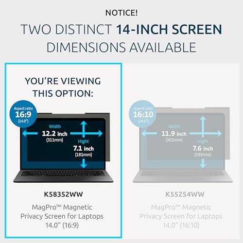 Kensington MagPro™ Magnetic Laptop Privacy Screen 14 inch, Removable 16:9 Laptop Privacy Filter, Anti-Glare, Blue Ray Reduction, Dell Latitude 5420, HP Elitebook 840 G6-G8, Lenovo, Asus (K58352WW) - size: 14" 16:9