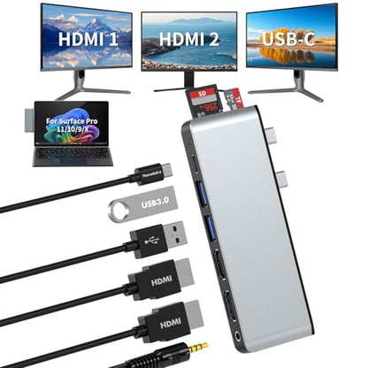Surface Pro 11 Accessories Docking Station with Dual 4K@60Hz HDMI, USB-C Thunerbolt 4 (Display+Data+100W Charging), 2 USB 3.0, SD/TF, 3.5mm Mic, USB C Hub Adapter for Surface Pro 11/10/9/X - style: 8 in 1 Dock for Surface Pro 11/10/9/X