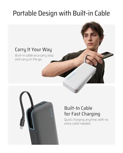 CUKTECH 45W Power Bank 20000mAh, Portable Travel Charger Built-in USB C Cable, Fast Charging Battery Pack for iPhone 16/15/14/13, iPad, Samsung Galaxy, Google Pixel, Android and More (White) - color: White