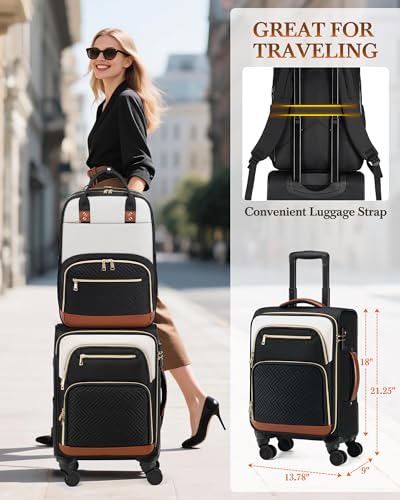 RAINSMORE Carry On Luggage with wheels, Softside Suitcases Set 3 Piece | 22x14x9 Airline Approved, Luggage Sets with Backpack & Toiletry Bag, Rolling Suitcase with TSA Lock, for Travel Weekender - color: Black-White-Brown