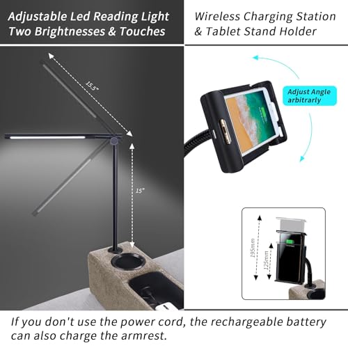 Multifunctional Sofa Armrest, Couch Armrest with Wireless Charge Stand, Removable Couch Caddy with Storage,Including LED Reading Light - color: Latte, size: Fabric-1 CUP