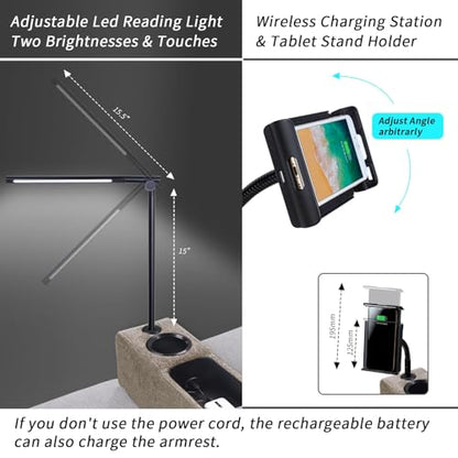 Multifunctional Sofa Armrest, Couch Armrest with Wireless Charge Stand, Removable Couch Caddy with Storage,Including LED Reading Light - color: Latte, size: Fabric-1 CUP
