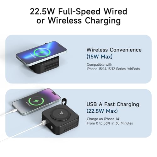 Powerpack Universal 5 in 1 Travel Power Bank - for Magsafe Battery Pack,10000mAh Power Bank with Built in Cable - Wireless Portable Charger for iPhone 15/15 Pro/ProMax, iPhone 14/13/12 Series - color: Black