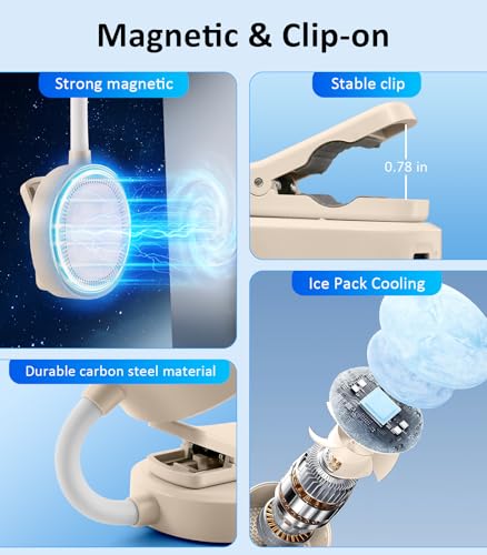Magnetic Phone Fan with Ice Cooling, 3-in-1 Clip on Fan | Phone Stand, Rechargeable Mini Handheld Fan, 360° Flexible Gooseneck Portable Fan for Cruise Travel Desk Gym Makeup（Beige） - color: Beige
