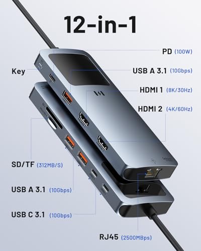 Selore USB C Docking Station Dual HDMI, USB C to Dual HDMI Adapter | 4K@60Hz Dual HDMI, Smart Display, 100W PD, 10Gbps USB 3.1, 2.5G Ethernet, SD/microSD Reader for Dell/HP/Lenovo/ MacBook - color: Space Grey