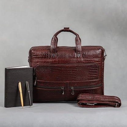 16" Crocodile Embossed Leather Laptop Briefcase, 5 Zipper Pockets, 2 Spacious Compartments, 16x12x4 inches. - color: Dark Brown