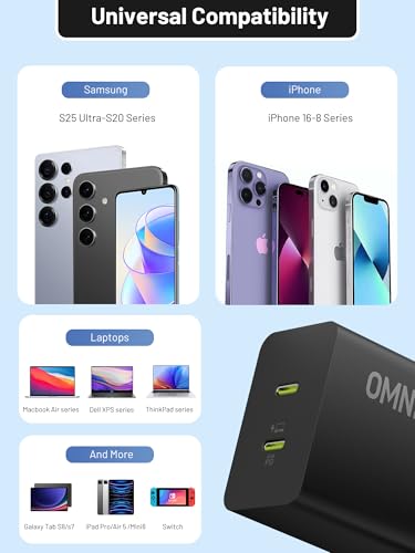 45W Dual USB C Wall Charger, Foldable GaN Fast PD PPS Power Adapter | Compact Travel Design, Charge 2 Devices Simultaneously, Built-in Safety Protection, Universal USB-C Compatibility - color: 45W Black