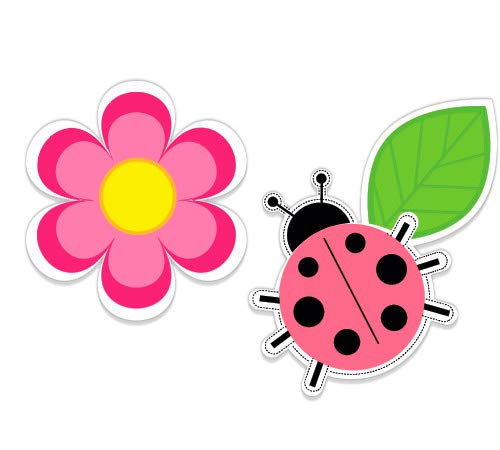 Cute Lady Bug and Flower - Vinyl Sticker Waterproof Decal - size: 2" each
