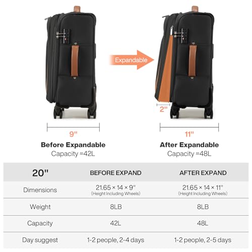 mixi Carry On Luggage 20 Inch Softside Expandable Suitcase, Black | Front Pocket, 22x14x9 Airline Approved, Rolling Spinner Wheels, TSA Lock, Lightweight - color: Black