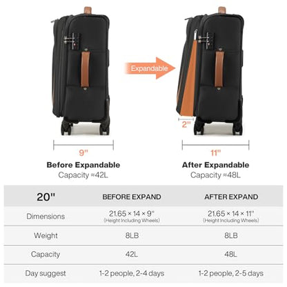 mixi Carry On Luggage 20 Inch Softside Expandable Suitcase, Black | Front Pocket, 22x14x9 Airline Approved, Rolling Spinner Wheels, TSA Lock, Lightweight - color: Black