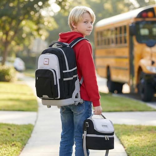 18 Inch Black Rolling Backpack for Kids, Black Climb Stairs Rolling Backpack Carry On Wheeled School Backpack, Spacious Multiple Compartments Quiet Wheels Travel Backpack for Boys