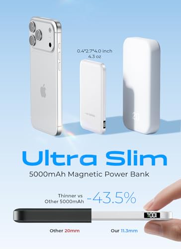 0.4" Ultra Slim Magnetic Portable Charger, 50% Smaller 5000mAh Power Bank with LED Display, Fast Charging Wireless Battery Pack, Travel Essential MagSafe Compatible Charger for iPhone 17/16/15 - White - color: White