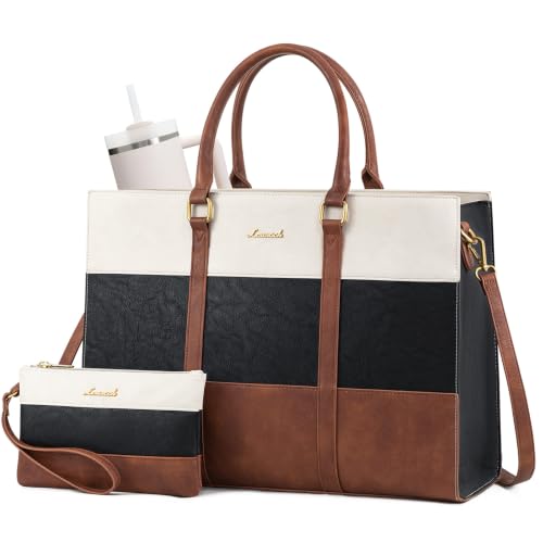 LOVEVOOK Laptop Bag for Women, 15.6 Inch Work Bags for Women, Vintage Leather Laptop Tote Bag, Waterproof Computer Bags with Clutch Purse, Large Capacity Briefcase, Business Office Handbag for Work - color: Black - Brown - Beige, size: 15.6 inch