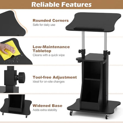 Tangkula Mobile Lectern Podium Set of 2, Height Adjustable Podium Stand, Standing Sit-to-Stand Desk, Rolling Cart Laptop Desk with Swivel Top Movable Wheels & Storage - color: Black, size: 20" x 16" x 44"