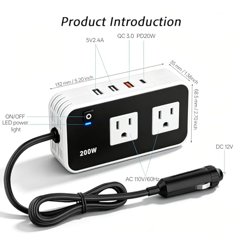 200W Car Power Inverter, DC 12V to 110V AC Car Plug Adapter Outlet with [20W USB-C], USB-Fast Charger[18W], 4.8A Dual USB Car Charger for Laptop, Black - color: Black