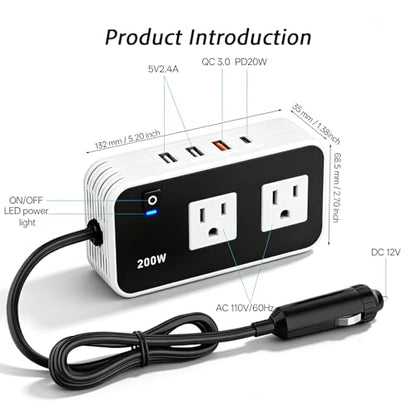 200W Car Power Inverter, DC 12V to 110V AC Car Plug Adapter Outlet with [20W USB-C], USB-Fast Charger[18W], 4.8A Dual USB Car Charger for Laptop, Black - color: Black