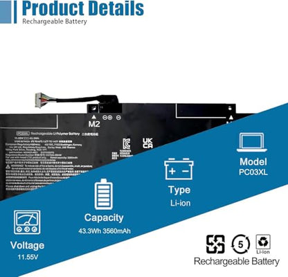 PC03XL Laptop Battery Replacement for Pavilion x360 14 15 14-DY 14-BA 14-CD 14-dw 15-er Series 11.55V 43.3Wh 3560mAh 3-Cell - size: 9.58*3.52*0.25 inch PC03XL
